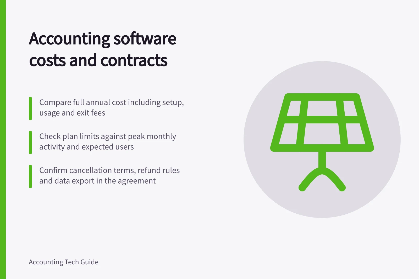 Accounting software costs and contracts: Compare full annual cost including setup, usage and exit fees; Check plan limits against peak monthly activity and expected users; Confirm cancellation terms, refund rules and data export in the agreement