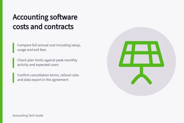 Accounting software costs and contracts: Compare full annual cost including setup, usage and exit fees; Check plan limits against peak monthly activity and expected users; Confirm cancellation terms, refund rules and data export in the agreement. Accounting software costs and contracts