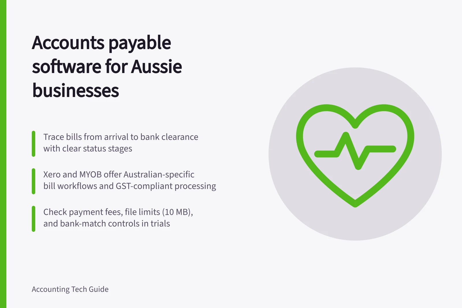Accounts payable software for Aussie businesses: Trace bills from arrival to bank clearance with clear status stages; Xero and MYOB offer Australian-specific bill workflows and GST-compliant processing; Check payment fees, file limits (10 MB), and bank-match controls in trials