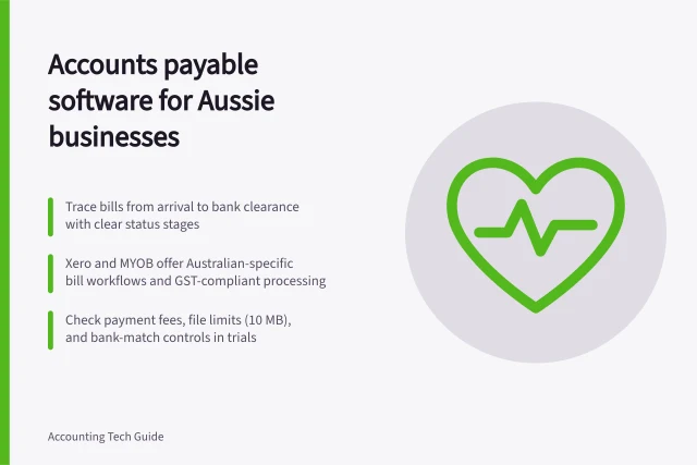Accounts payable software for Aussie businesses: Trace bills from arrival to bank clearance with clear status stages; Xero and MYOB offer Australian-specific bill workflows and GST-compliant processing; Check payment fees, file limits (10 MB), and bank-match controls in trials. Accounts payable software