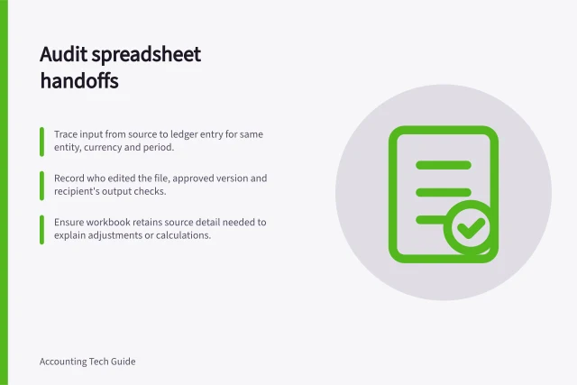 Audit spreadsheet handoffs: Trace input from source to ledger entry for same entity, currency and period.; Record who edited the file, approved version and recipient's output checks.; Ensure workbook retains source detail needed to explain adjustments or calculations. Auditing manual spreadsheet handoffs