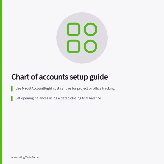Chart of accounts setup guide: Use MYOB AccountRight cost centres for project or office tracking; Set opening balances using a dated closing trial balance; Group accounts by asset, liability, income, cost of sales and expenses. Chart of accounts and accounting setup