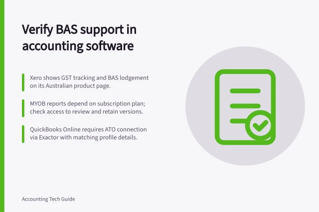 Verify BAS support in accounting software: Xero shows GST tracking and BAS lodgement on its Australian product page.; MYOB reports depend on subscription plan; check access to review and retain versions.; QuickBooks Online requires ATO connection via Exactor with matching profile details. Checking current software support for Australian reporting