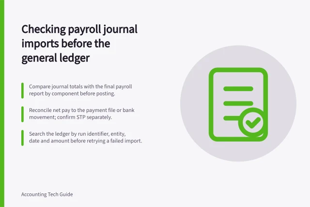 Checking payroll journal imports before the general ledger: Compare journal totals with the final payroll report by component before posting.; Reconcile net pay to the payment file or bank movement; confirm STP separately.; Search the ledger by run identifier, entity, date and amount before retrying a failed import. Checking payroll journal imports