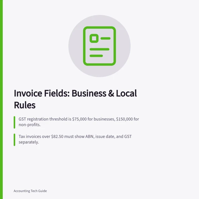 Invoice Fields: Business & Local Rules: GST registration threshold is $75,000 for businesses, $150,000 for non-profits.; Tax invoices over $82.50 must show ABN, issue date, and GST separately.; Payment terms and methods must be clear on both invoice and contract. Choosing invoice fields from business and local requirements