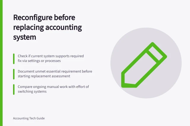 Reconfigure before replacing accounting system: Check if current system supports required fix via settings or processes; Document unmet essential requirement before starting replacement assessment; Compare ongoing manual work with effort of switching systems. Choosing reconfiguration before replacing the accounting system