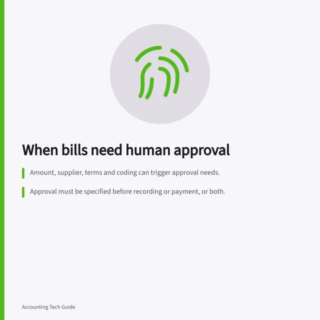 When bills need human approval: Amount, supplier, terms and coding can trigger approval needs.; Approval must be specified before recording or payment, or both.; Route exceptions to the purchase owner or independent approver. Choosing when a bill needs human approval