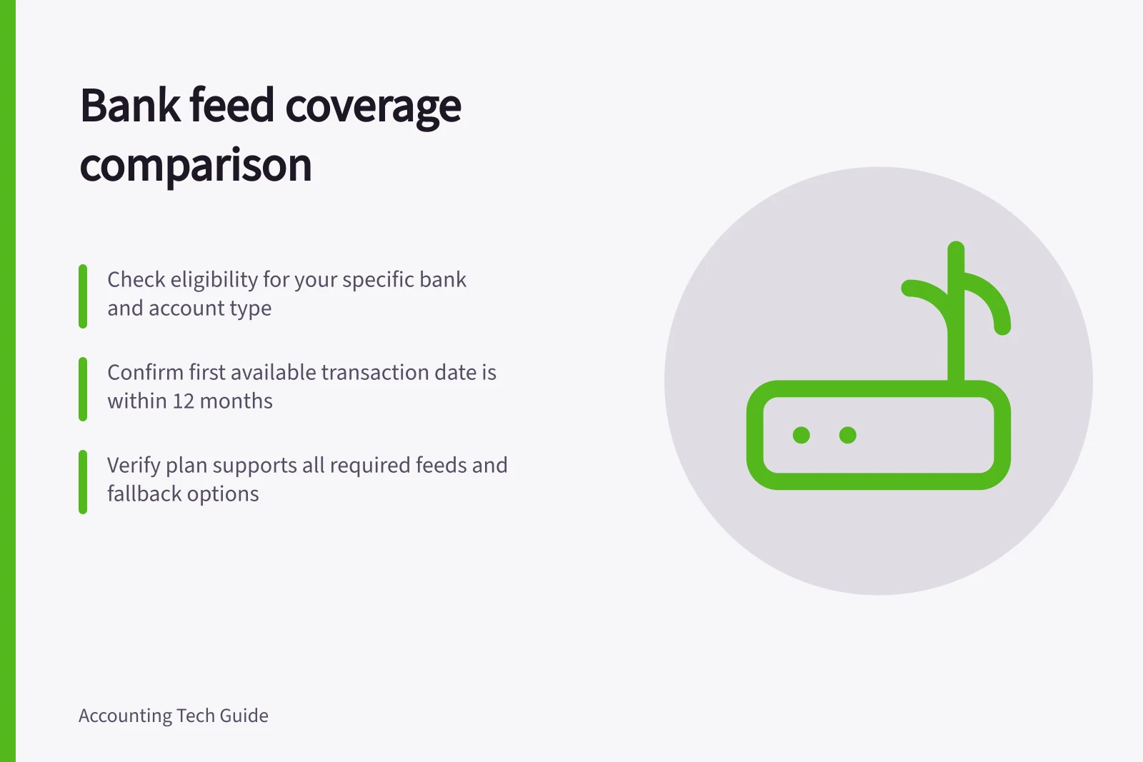 Bank feed coverage comparison: Check eligibility for your specific bank and account type; Confirm first available transaction date is within 12 months; Verify plan supports all required feeds and fallback options