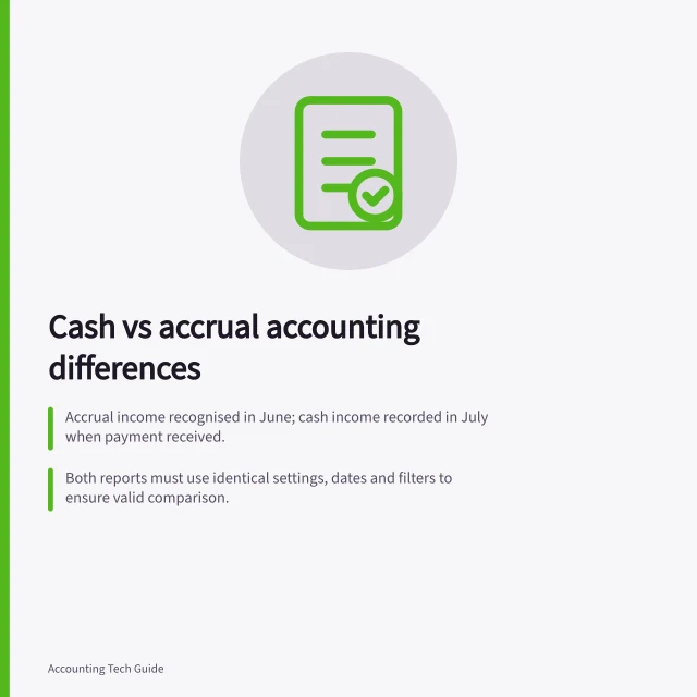 Cash vs accrual accounting differences: Accrual income recognised in June; cash income recorded in July when payment received.; Both reports must use identical settings, dates and filters to ensure valid comparison.; Use accrual view for recognised activity and cash view for actual receipt/payment timing. Comparing cash and accrual views in a system