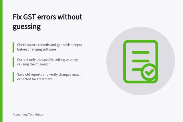 Fix GST errors without guessing: Check source records and get adviser input before changing software; Correct only the specific setting or entry causing the mismatch; Save old reports and verify changes match expected tax treatment. Correcting a software setup error without guessing tax treatment