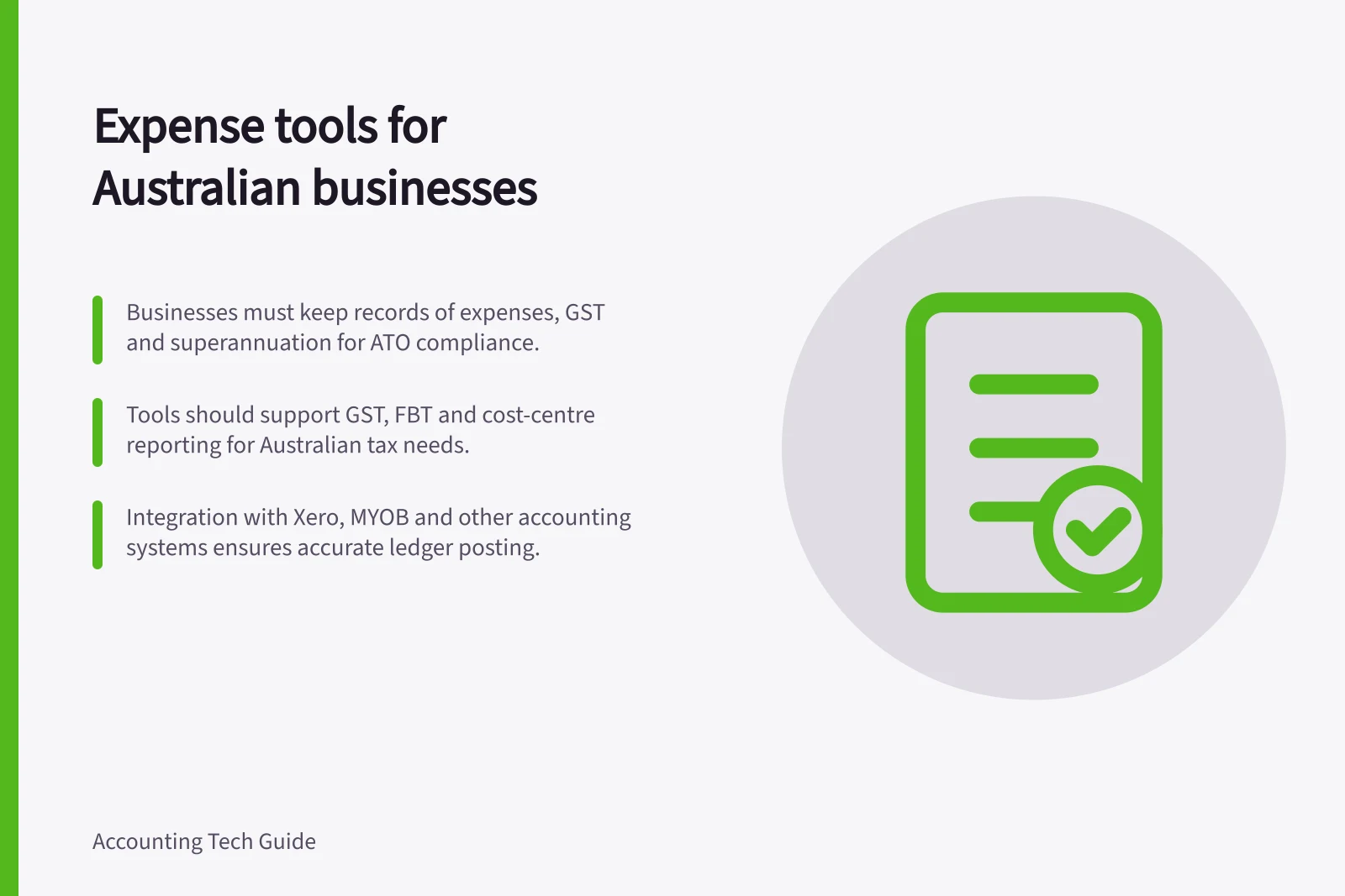 Expense tools for Australian businesses: Businesses must keep records of expenses, GST and superannuation for ATO compliance.; Tools should support GST, FBT and cost-centre reporting for Australian tax needs.; Integration with Xero, MYOB and other accounting systems ensures accurate ledger posting.