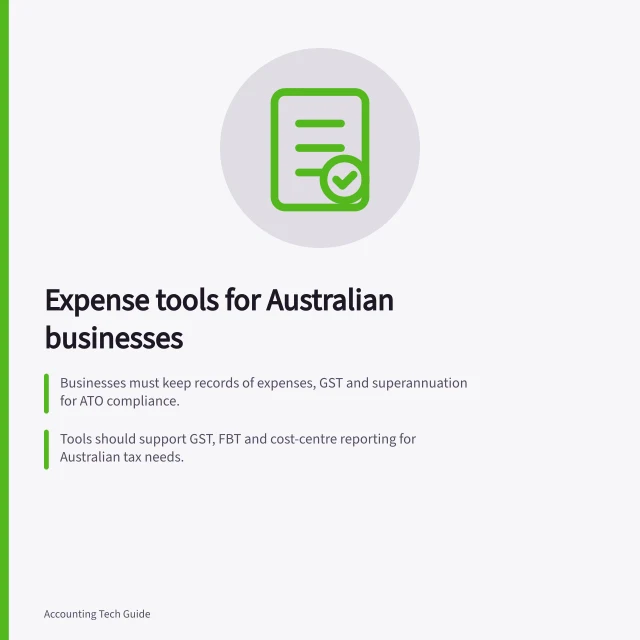 Expense tools for Australian businesses: Businesses must keep records of expenses, GST and superannuation for ATO compliance.; Tools should support GST, FBT and cost-centre reporting for Australian tax needs.; Integration with Xero, MYOB and other accounting systems ensures accurate ledger posting. Expense management tools