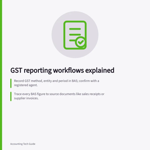 GST reporting workflows explained: Record GST method, entity and period in BAS; confirm with a registered agent.; Trace every BAS figure to source documents like sales receipts or supplier invoices.; Lodge BAS via ATO Online Services, an agent or SBR software—check agent registration with TPB. GST and business reporting workflows
