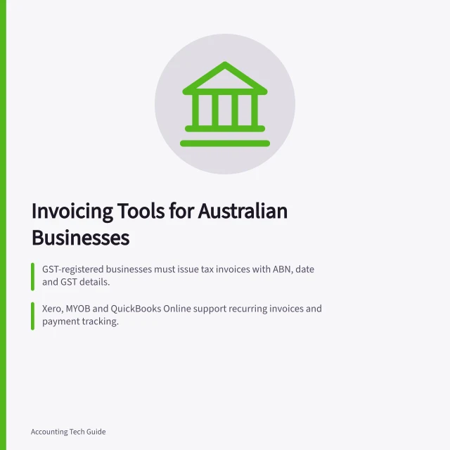 Invoicing Tools for Australian Businesses: GST-registered businesses must issue tax invoices with ABN, date and GST details.; Xero, MYOB and QuickBooks Online support recurring invoices and payment tracking.; MYOB’s Overdue view shows payment trends and suggests follow-up actions. Invoicing and accounts receivable tools