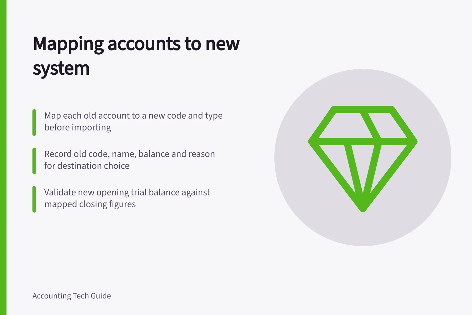 Mapping accounts to new system: Map each old account to a new code and type before importing; Record old code, name, balance and reason for destination choice; Validate new opening trial balance against mapped closing figures