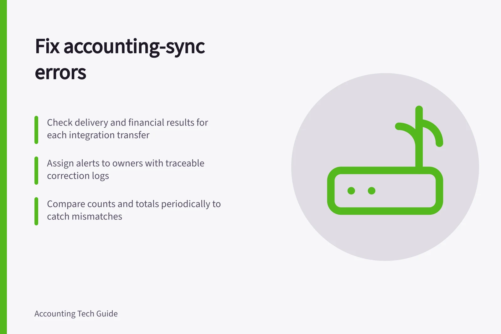 Fix accounting-sync errors: Check delivery and financial results for each integration transfer; Assign alerts to owners with traceable correction logs; Compare counts and totals periodically to catch mismatches