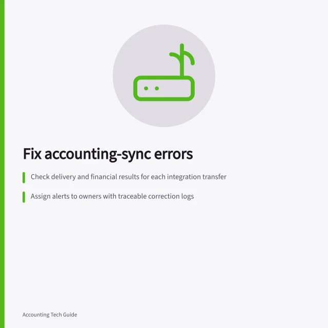 Fix accounting-sync errors: Check delivery and financial results for each integration transfer; Assign alerts to owners with traceable correction logs; Compare counts and totals periodically to catch mismatches. Monitoring errors between accounting and operational systems