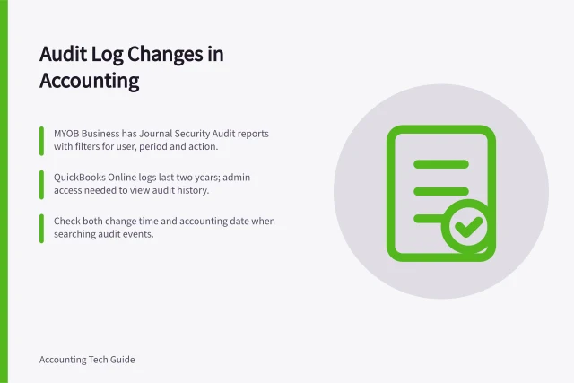 Audit Log Changes in Accounting: MYOB Business has Journal Security Audit reports with filters for user, period and action.; QuickBooks Online logs last two years; admin access needed to view audit history.; Check both change time and accounting date when searching audit events. Reviewing changes in an accounting audit log