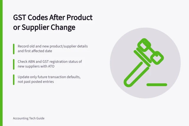 GST Codes After Product or Supplier Change: Record old and new product/supplier details and first affected date; Check ABN and GST registration status of new suppliers with ATO; Update only future transaction defaults, not past posted entries. Reviewing GST tax codes after a product or supplier change