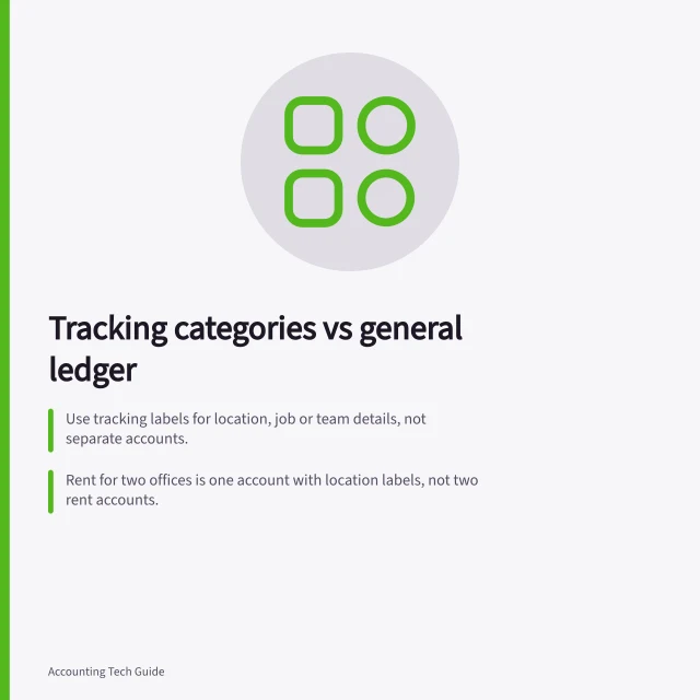 Tracking categories vs general ledger: Use tracking labels for location, job or team details, not separate accounts.; Rent for two offices is one account with location labels, not two rent accounts.; Check product limits: cost centres in AccountRight can't be used in all MYOB products. Separating tracking categories from general ledger accounts